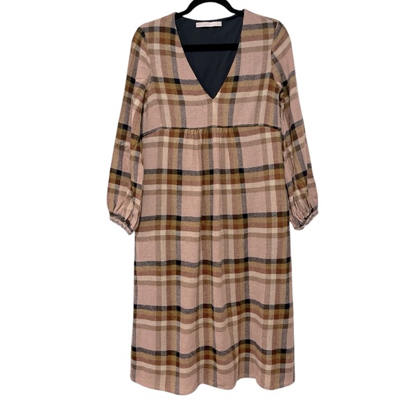 ZARA Check Tartan Plaid Print Pocket V-Neck Midi Dress Small Brown Blue - Picture 5 of 12